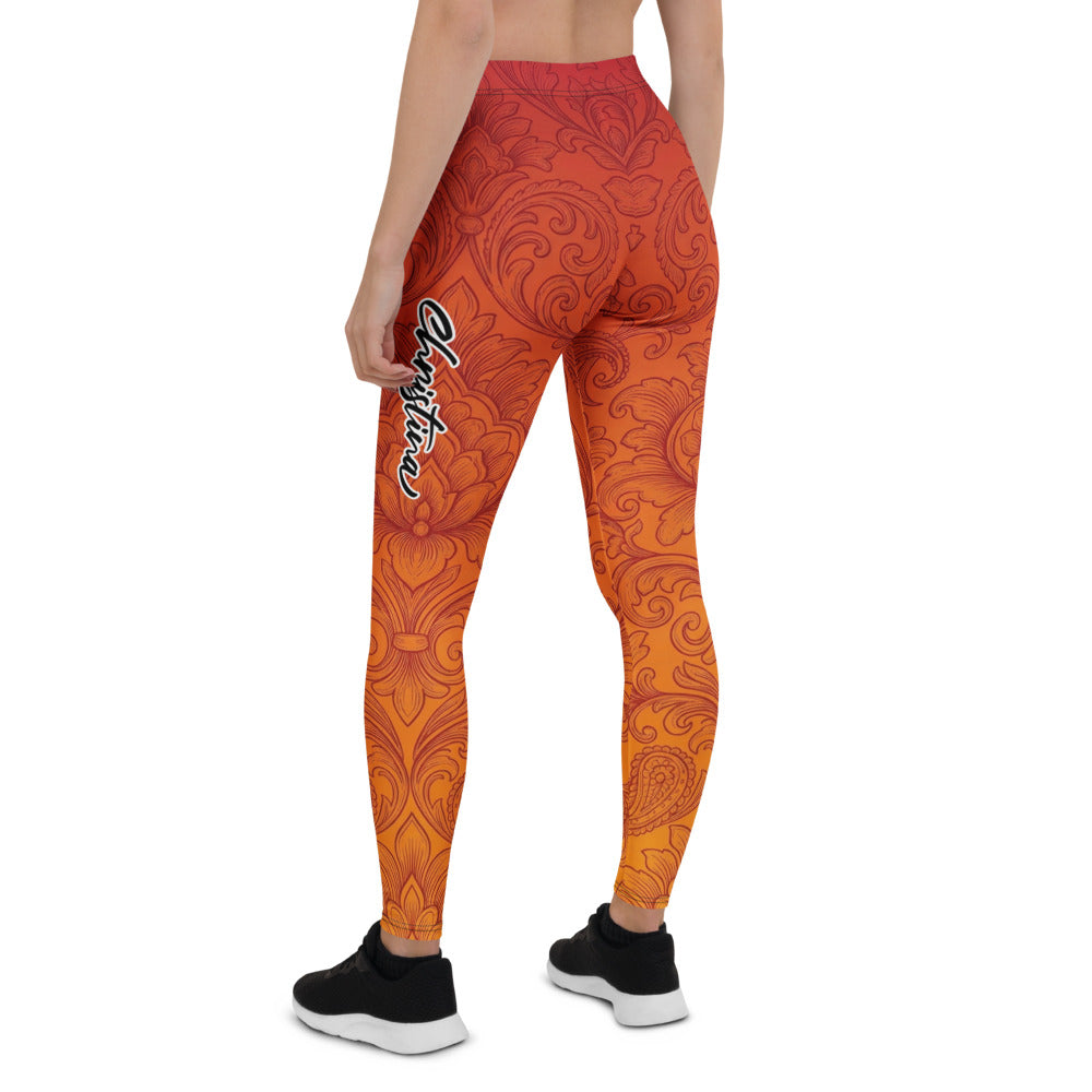Personalisierte Damen Sportleggings Barock Muster Farbverlauf Rot Orange Fitness Yoga Leggings Z901