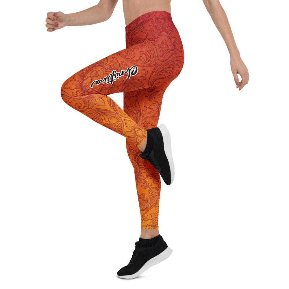 Personalisierte Damen Sportleggings Barock Muster Farbverlauf Rot Orange Fitness Yoga Leggings Z901
