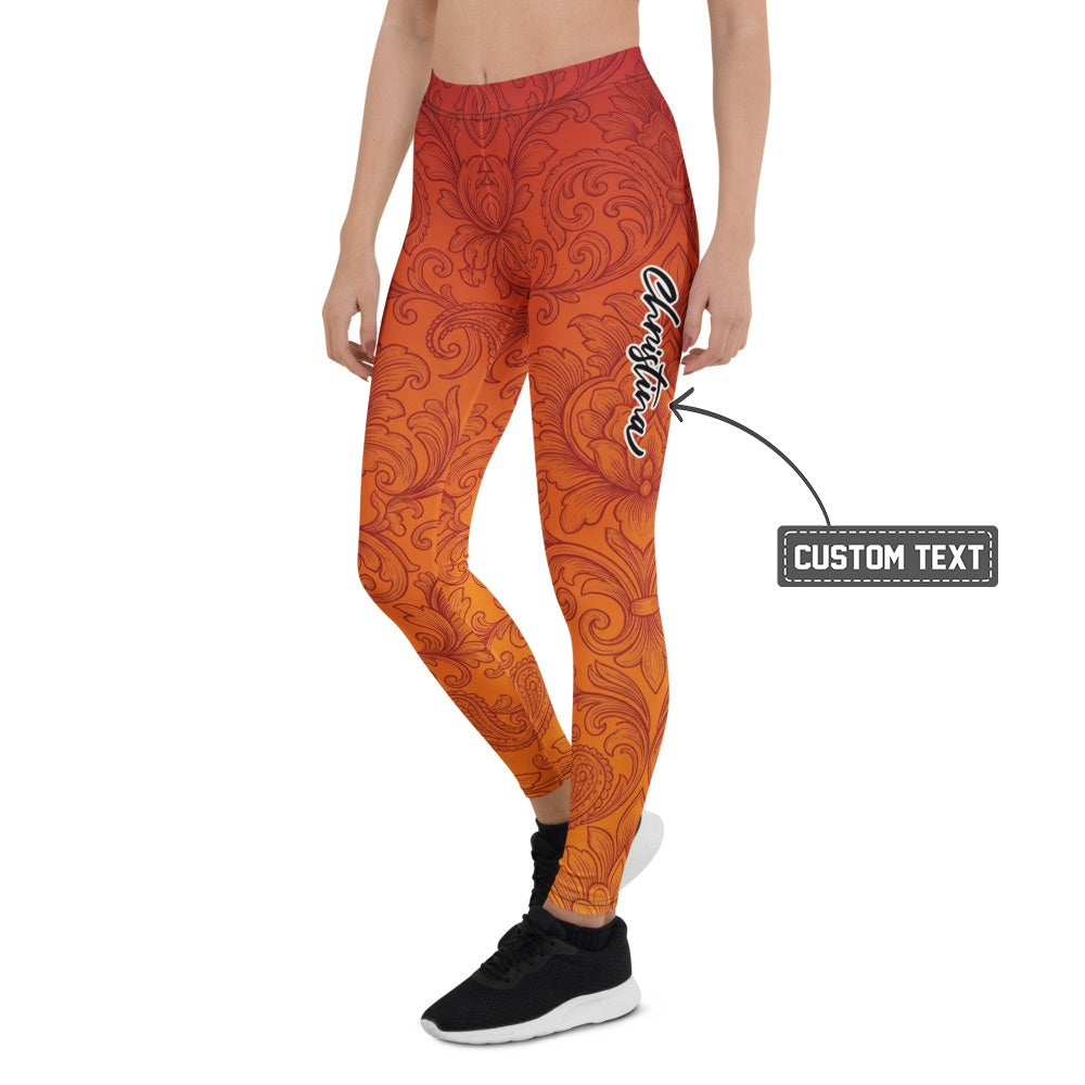 Personalisierte Damen Sportleggings Barock Muster Farbverlauf Rot Orange Fitness Yoga Leggings Z901 - XL