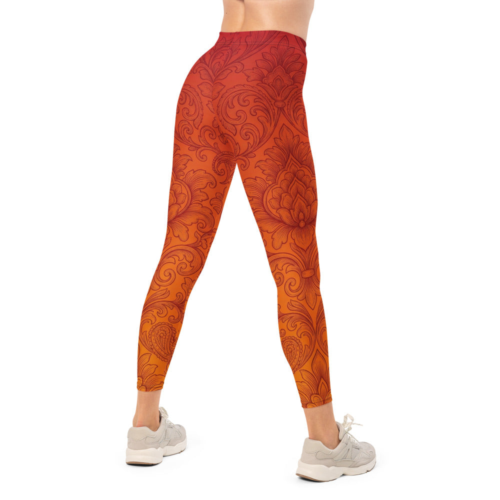 Personalisierte Damen Sportleggings Barock Muster Farbverlauf Rot Orange Fitness Yoga Leggings Z901