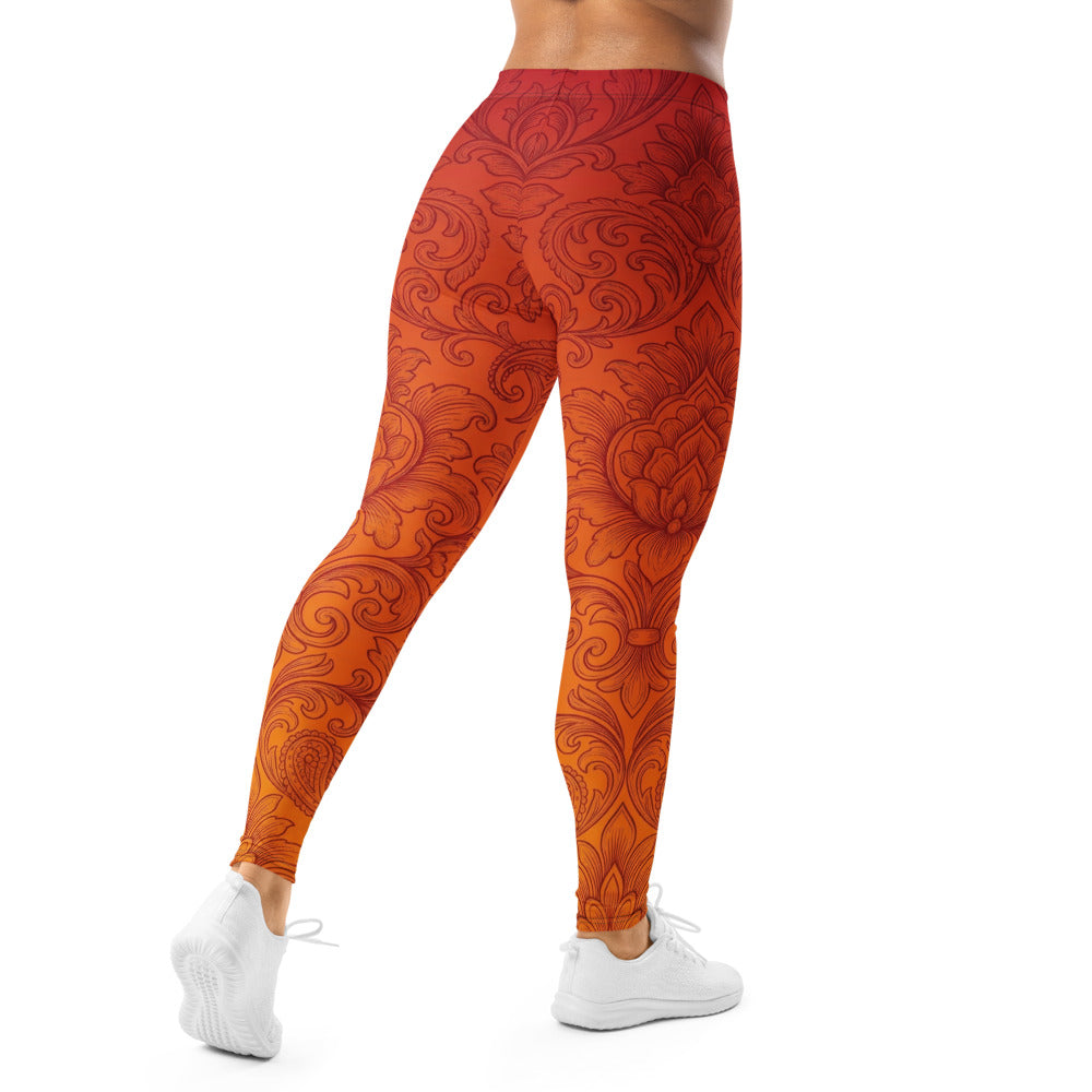 Personalisierte Damen Sportleggings Barock Muster Farbverlauf Rot Orange Fitness Yoga Leggings Z901