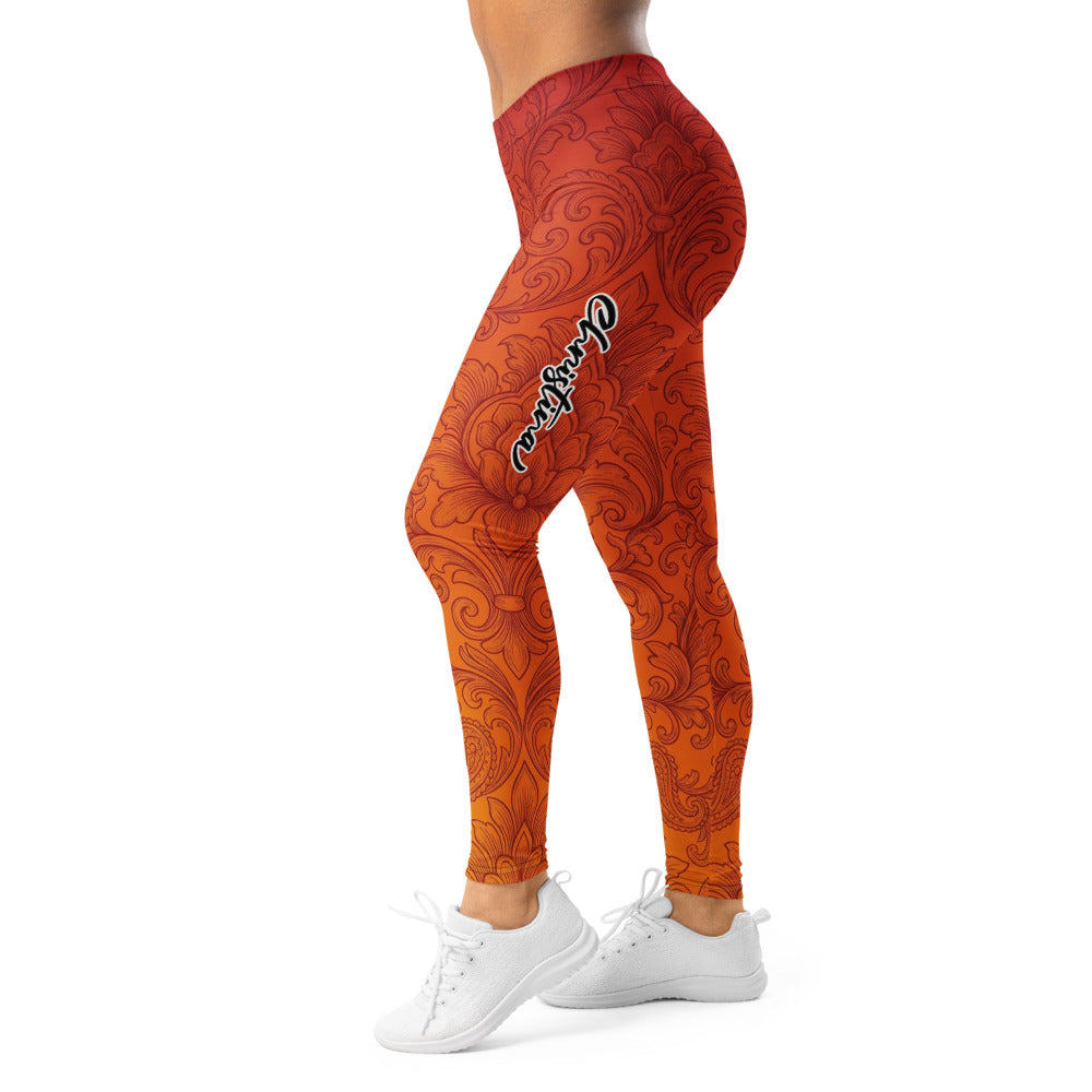 Personalisierte Damen Sportleggings Barock Muster Farbverlauf Rot Orange Fitness Yoga Leggings Z901