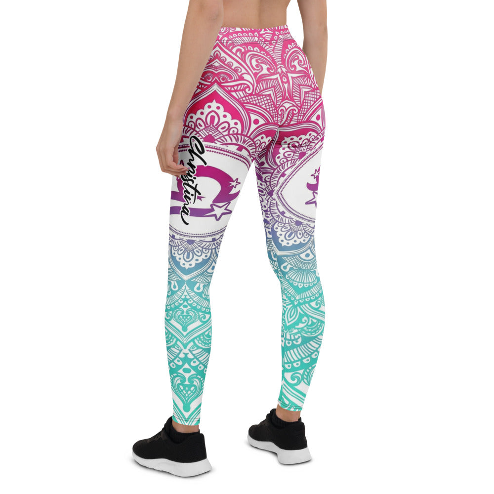 Personalisierte Damen Yoga Leggings Mandala Muster Farbverlauf Pink Blau Türkis Fitness Sportleggings M013