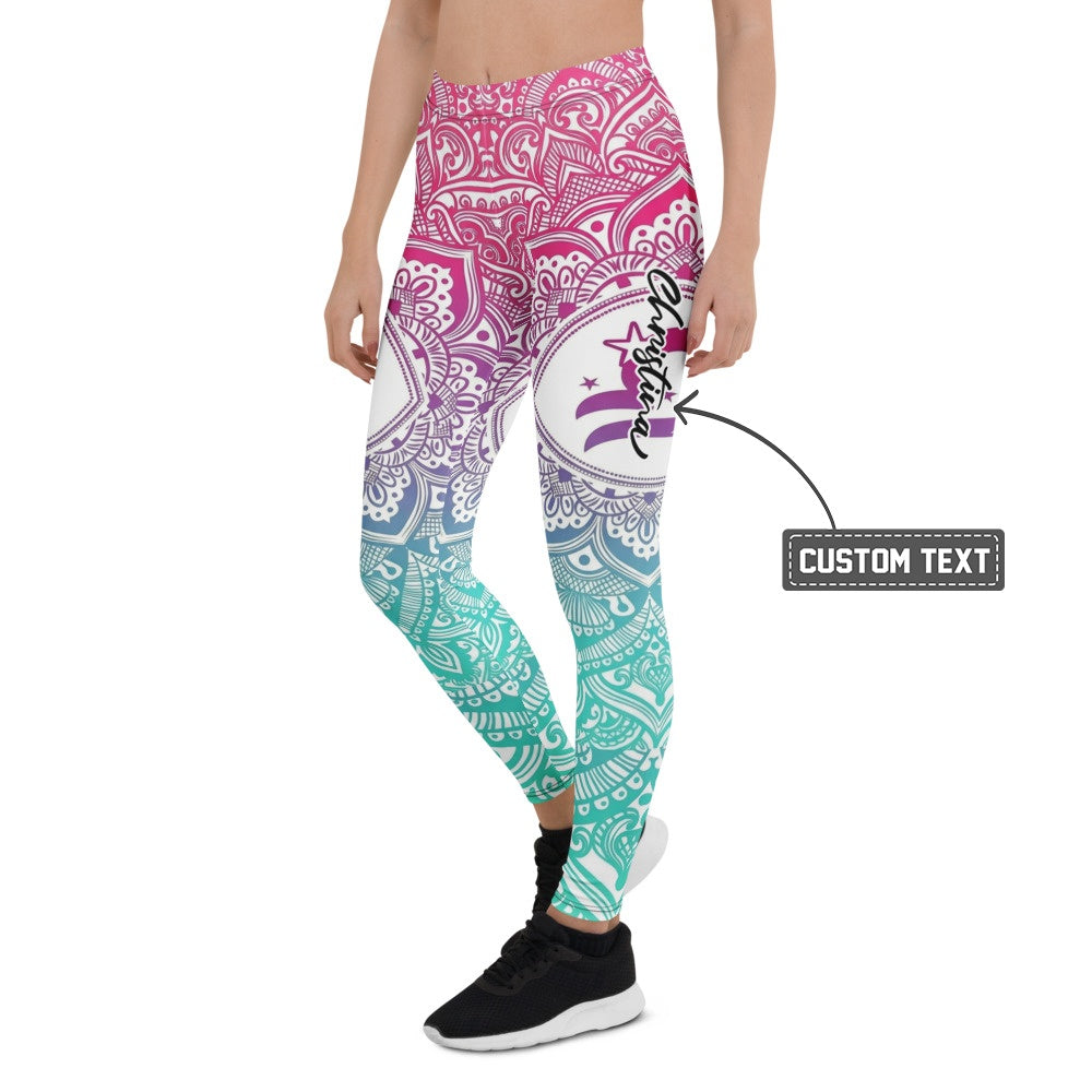 Personalisierte Damen Yoga Leggings Mandala Muster Farbverlauf Pink Blau Türkis Fitness Sportleggings M013 - XL