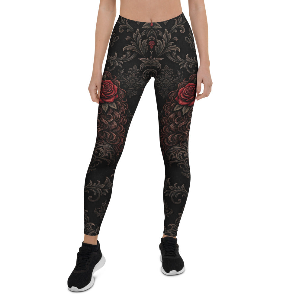 Personalisierte Sportleggings Damen Schwarz Rot Rosen Barock Muster Fitness Yoga Leggings S657