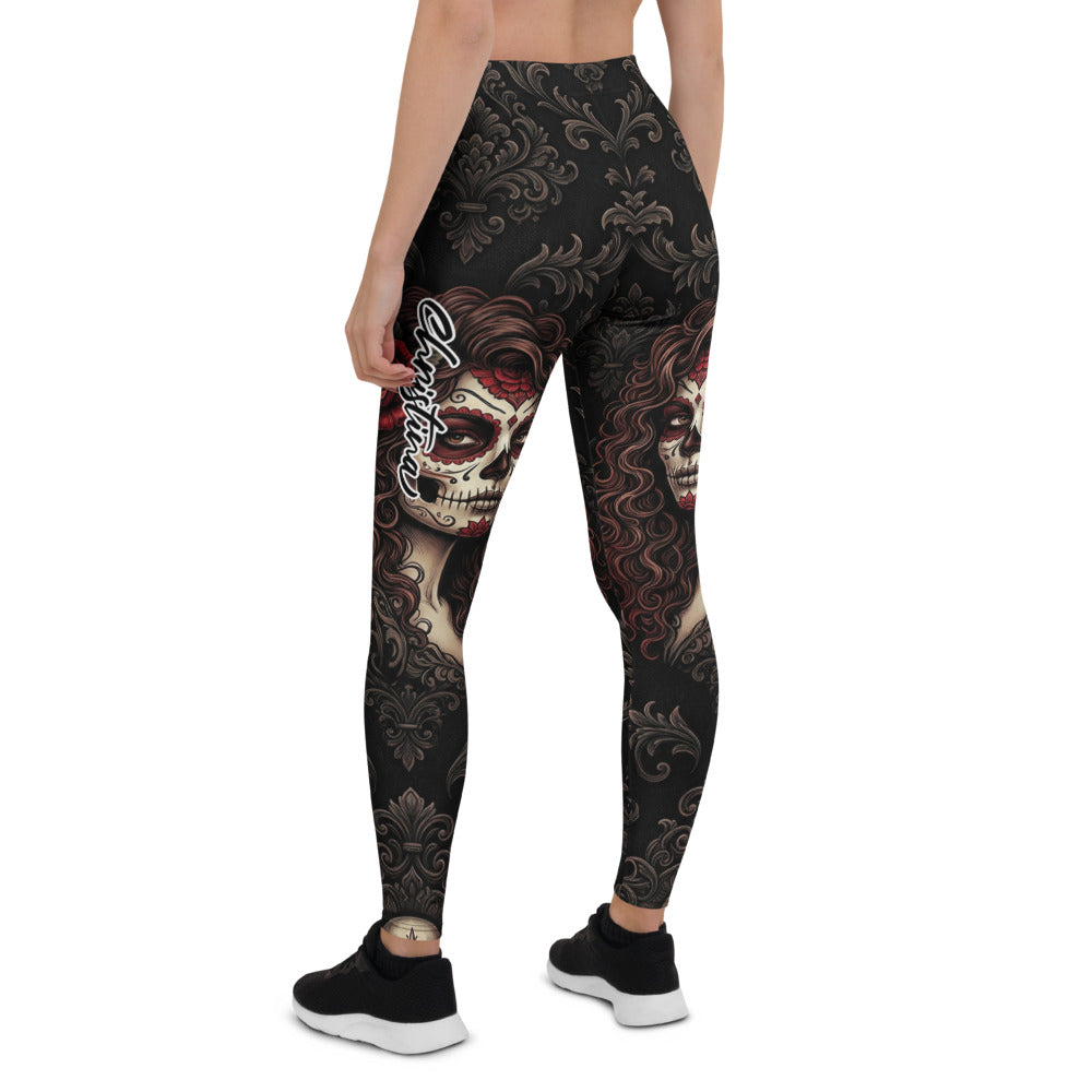 Personalisierte Sportleggings Damen Schwarz Rot Rosen Barock Muster Fitness Yoga Leggings S657