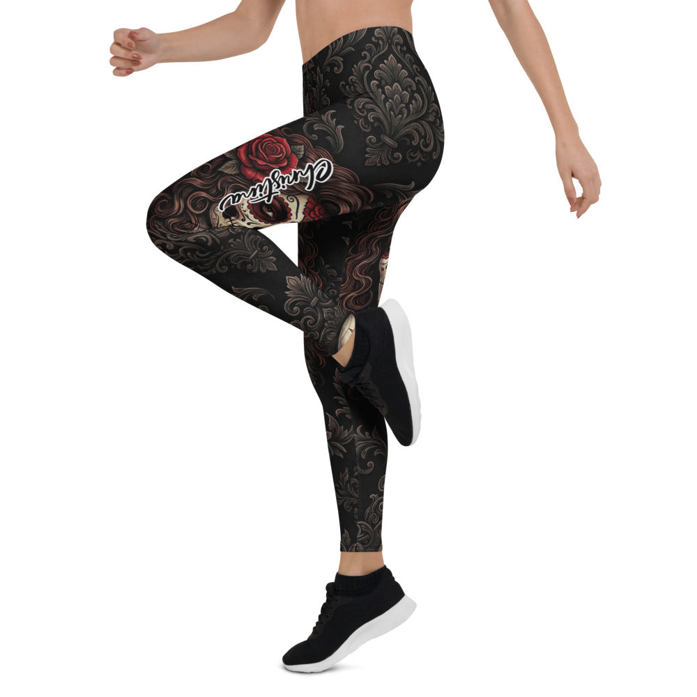 Personalisierte Sportleggings Damen Schwarz Rot Rosen Barock Muster Fitness Yoga Leggings S657