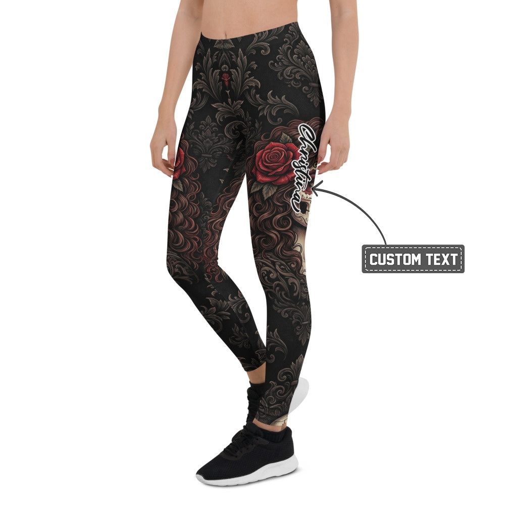 Personalisierte Sportleggings Damen Schwarz Rot Rosen Barock Muster Fitness Yoga Leggings S657 - XL