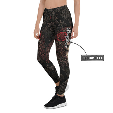 Personalisierte Sportleggings Damen Schwarz Rot Rosen Barock Muster Fitness Yoga Leggings S657 - XL