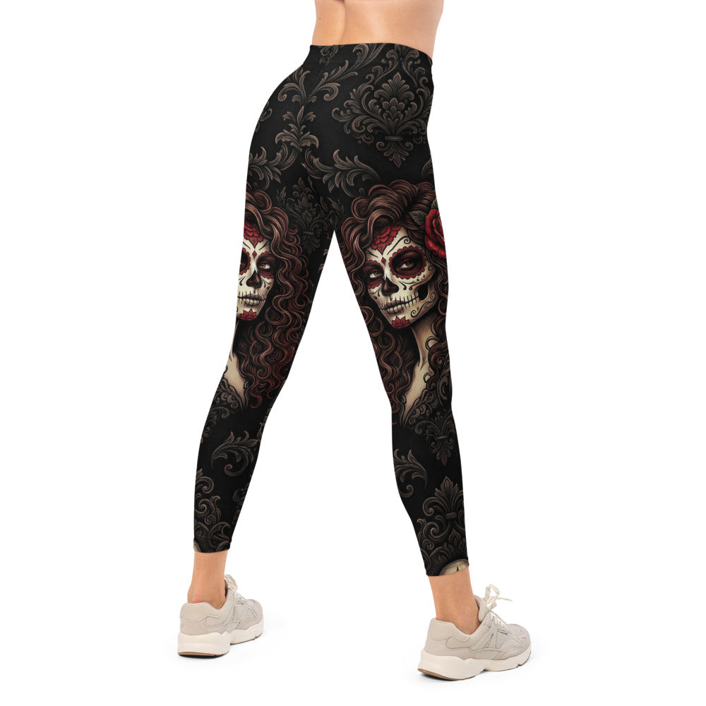 Personalisierte Sportleggings Damen Schwarz Rot Rosen Barock Muster Fitness Yoga Leggings S657