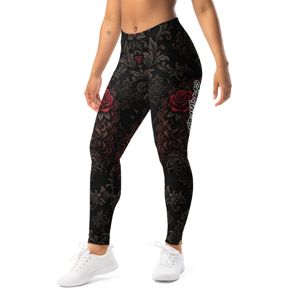 Personalisierte Sportleggings Damen Schwarz Rot Rosen Barock Muster Fitness Yoga Leggings S657