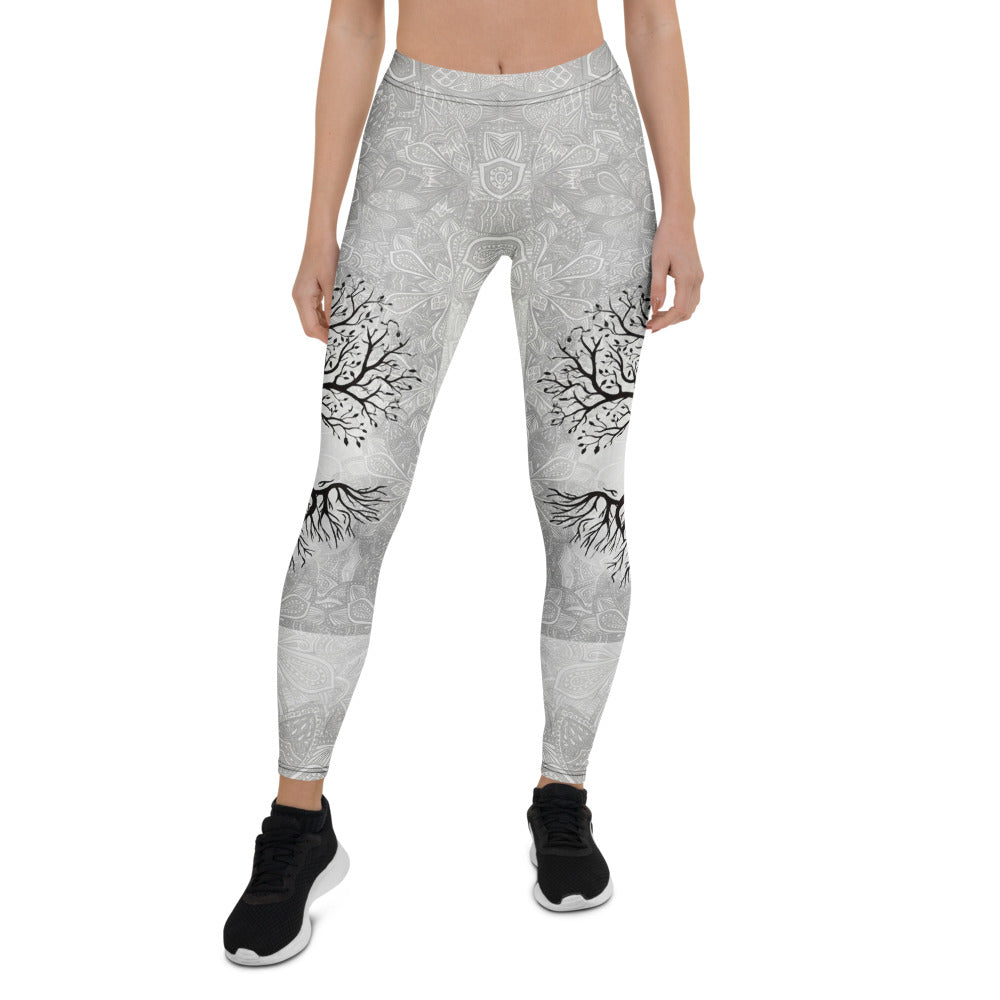 Personalisierte Damen Sportleggings Lebensbaum Design Hellgrau Mandala Yoga Leggings Fitnesshose Y125