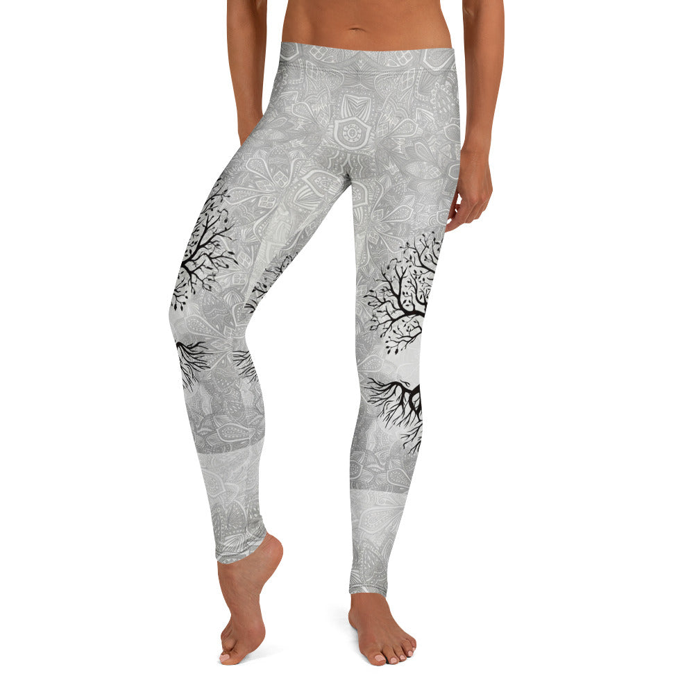 Personalisierte Damen Sportleggings Lebensbaum Design Hellgrau Mandala Yoga Leggings Fitnesshose Y125