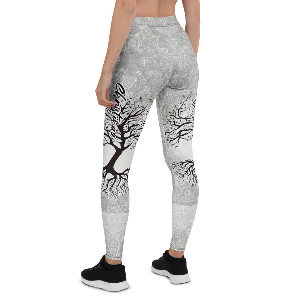 Personalisierte Damen Sportleggings Lebensbaum Design Hellgrau Mandala Yoga Leggings Fitnesshose Y125