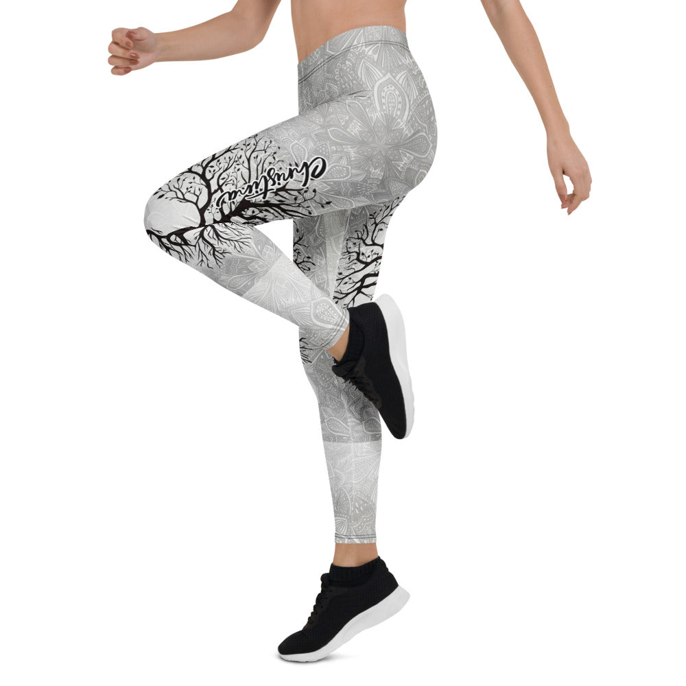 Personalisierte Damen Sportleggings Lebensbaum Design Hellgrau Mandala Yoga Leggings Fitnesshose Y125