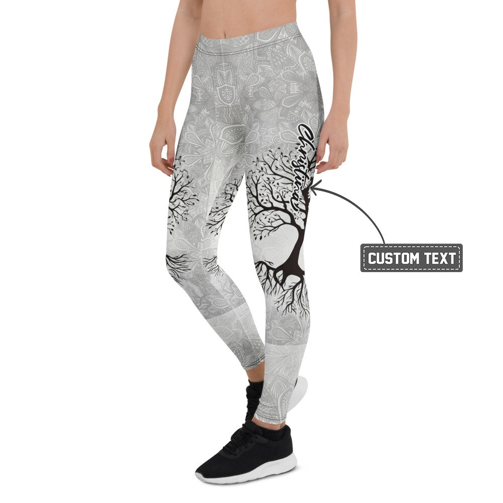 Personalisierte Damen Sportleggings Lebensbaum Design Hellgrau Mandala Yoga Leggings Fitnesshose Y125 - XL