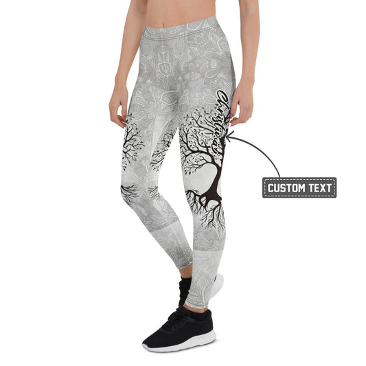 Personalisierte Damen Sportleggings Lebensbaum Design Hellgrau Mandala Yoga Leggings Fitnesshose Y125 - XL