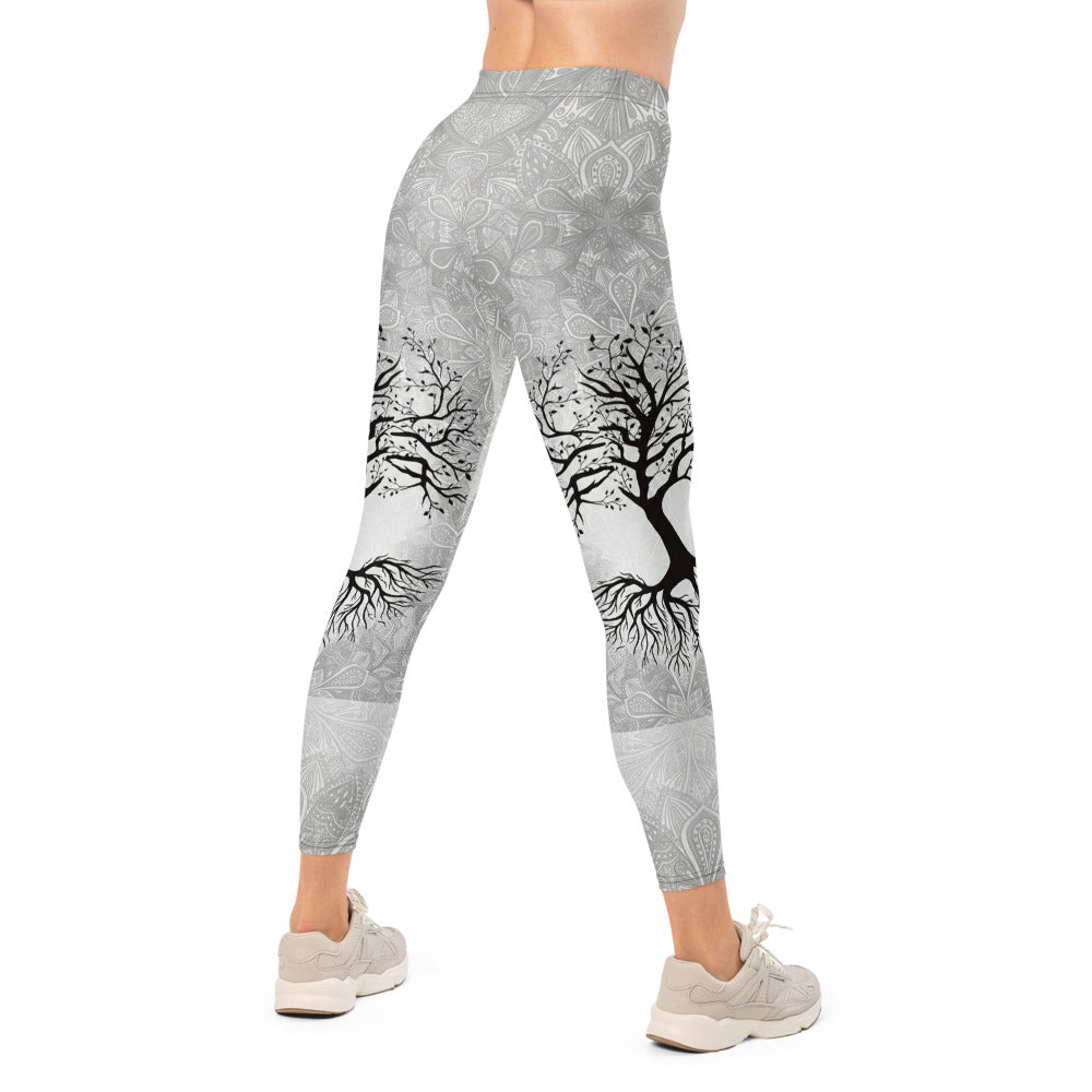 Personalisierte Damen Sportleggings Lebensbaum Design Hellgrau Mandala Yoga Leggings Fitnesshose Y125