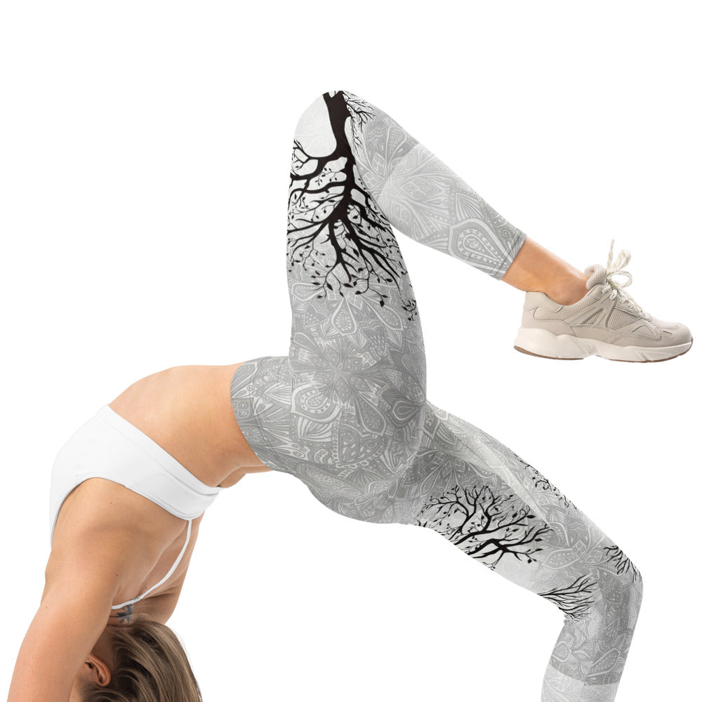 Personalisierte Damen Sportleggings Lebensbaum Design Hellgrau Mandala Yoga Leggings Fitnesshose Y125