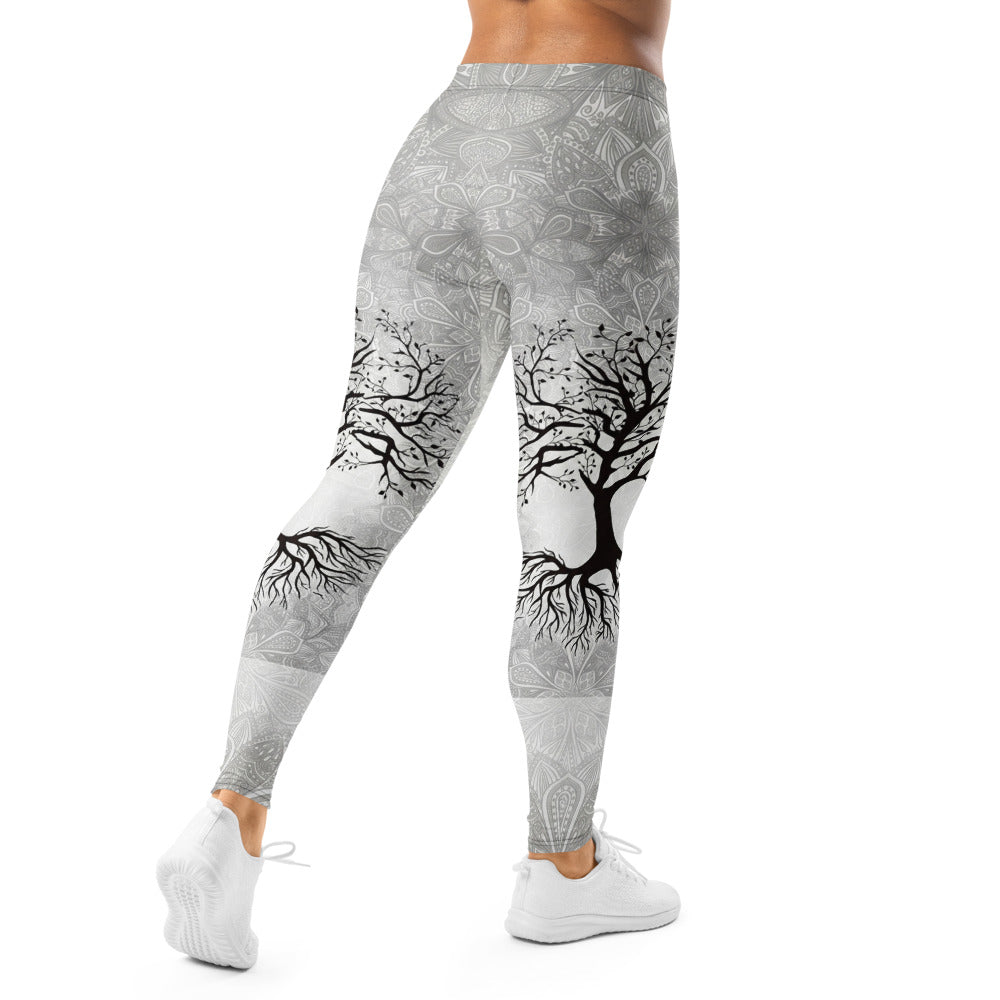 Personalisierte Damen Sportleggings Lebensbaum Design Hellgrau Mandala Yoga Leggings Fitnesshose Y125