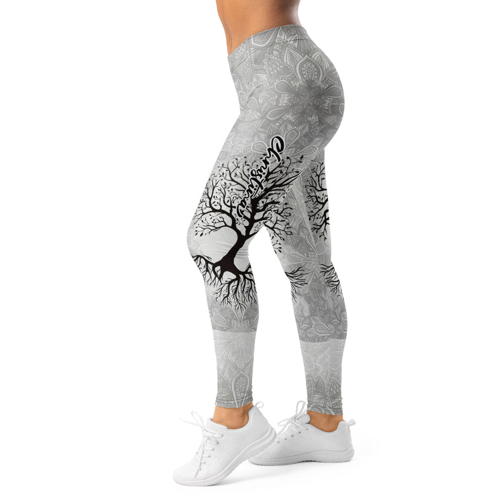 Personalisierte Damen Sportleggings Lebensbaum Design Hellgrau Mandala Yoga Leggings Fitnesshose Y125