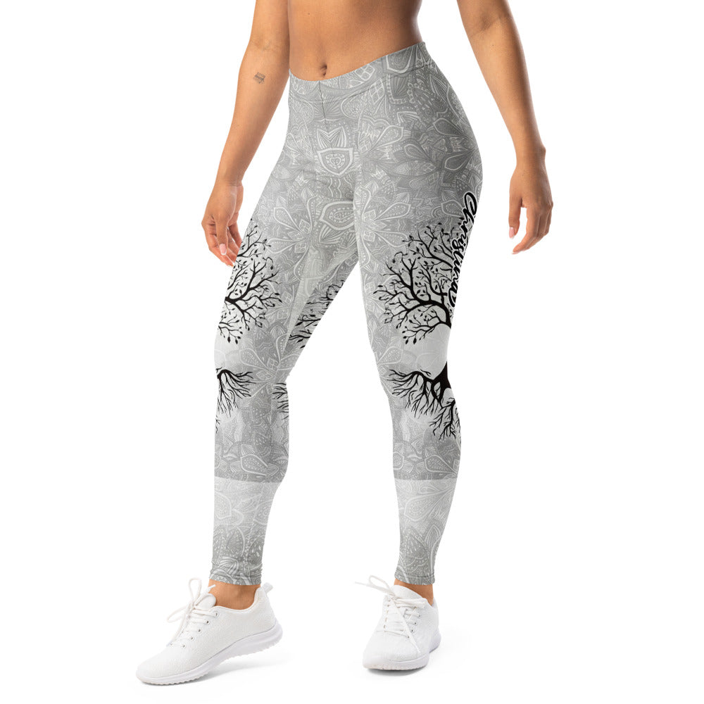 Personalisierte Damen Sportleggings Lebensbaum Design Hellgrau Mandala Yoga Leggings Fitnesshose Y125