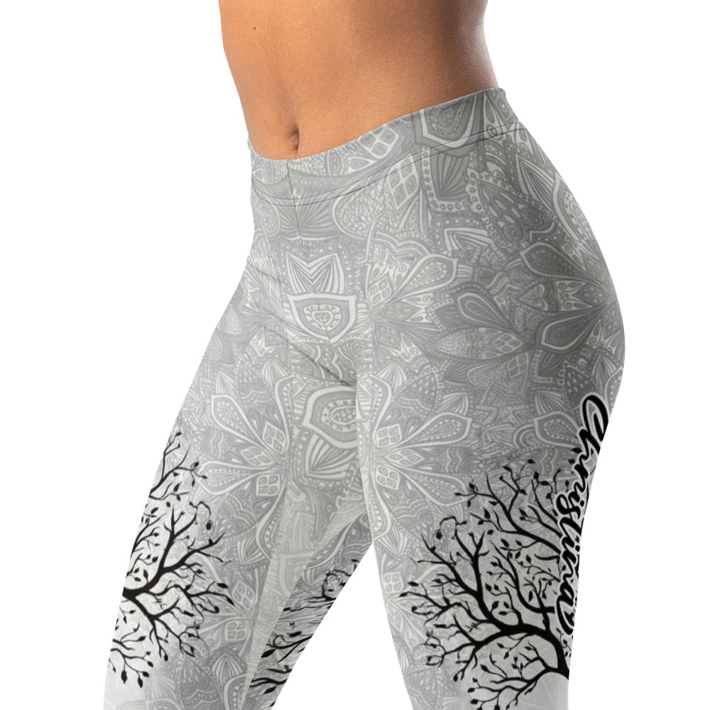 Personalisierte Damen Sportleggings Lebensbaum Design Hellgrau Mandala Yoga Leggings Fitnesshose Y125