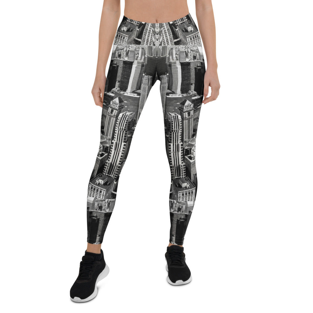 Personalisierte Sportleggings Damen Skyline Print Schwarz Weiß Fitnesshose Urban Architektur Design H480