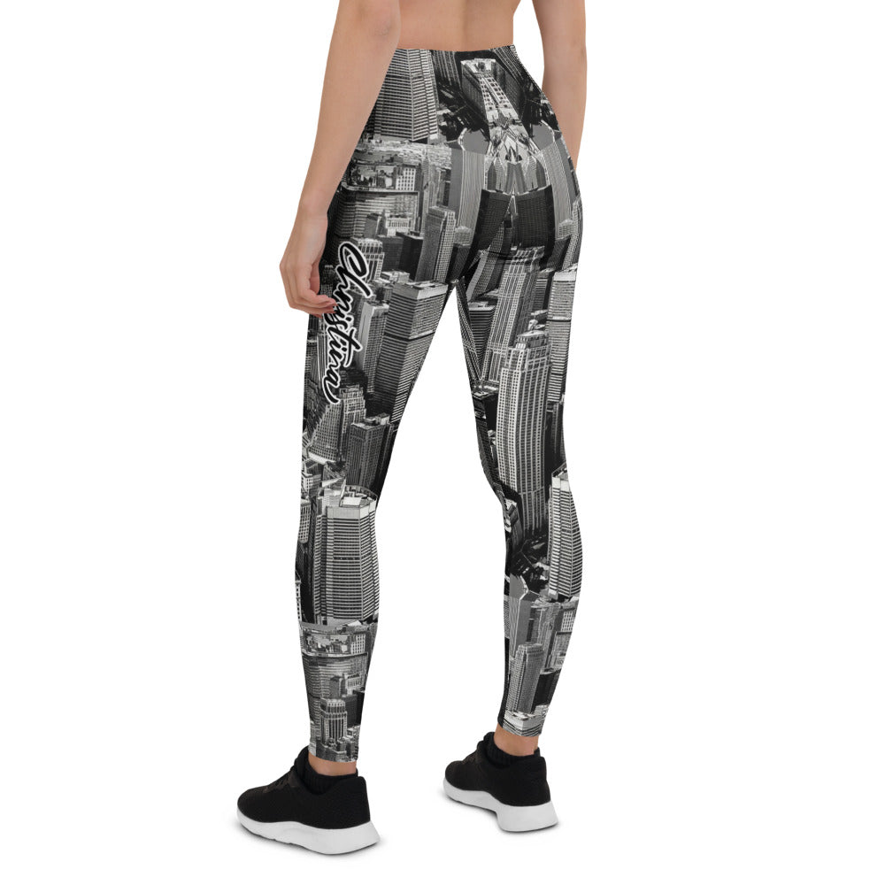 Personalisierte Sportleggings Damen Skyline Print Schwarz Weiß Fitnesshose Urban Architektur Design H480