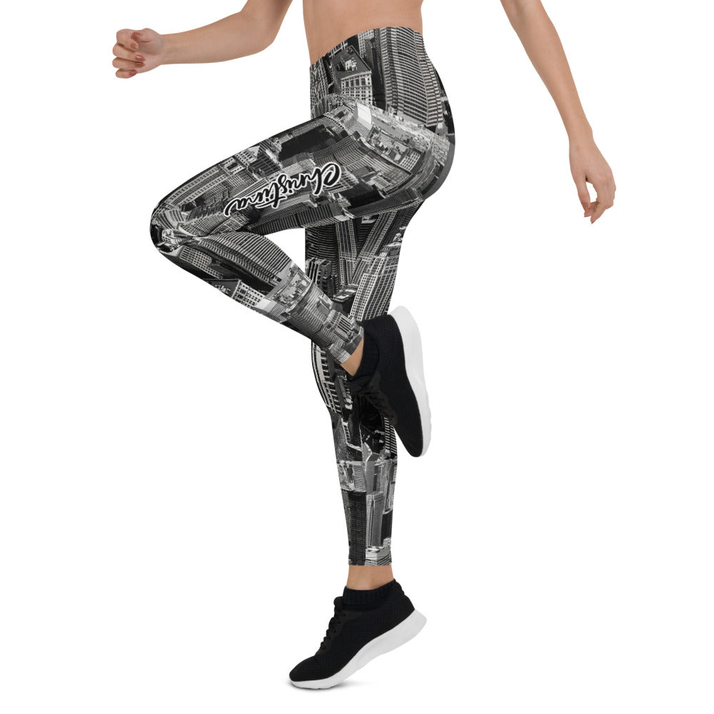 Personalisierte Sportleggings Damen Skyline Print Schwarz Weiß Fitnesshose Urban Architektur Design H480