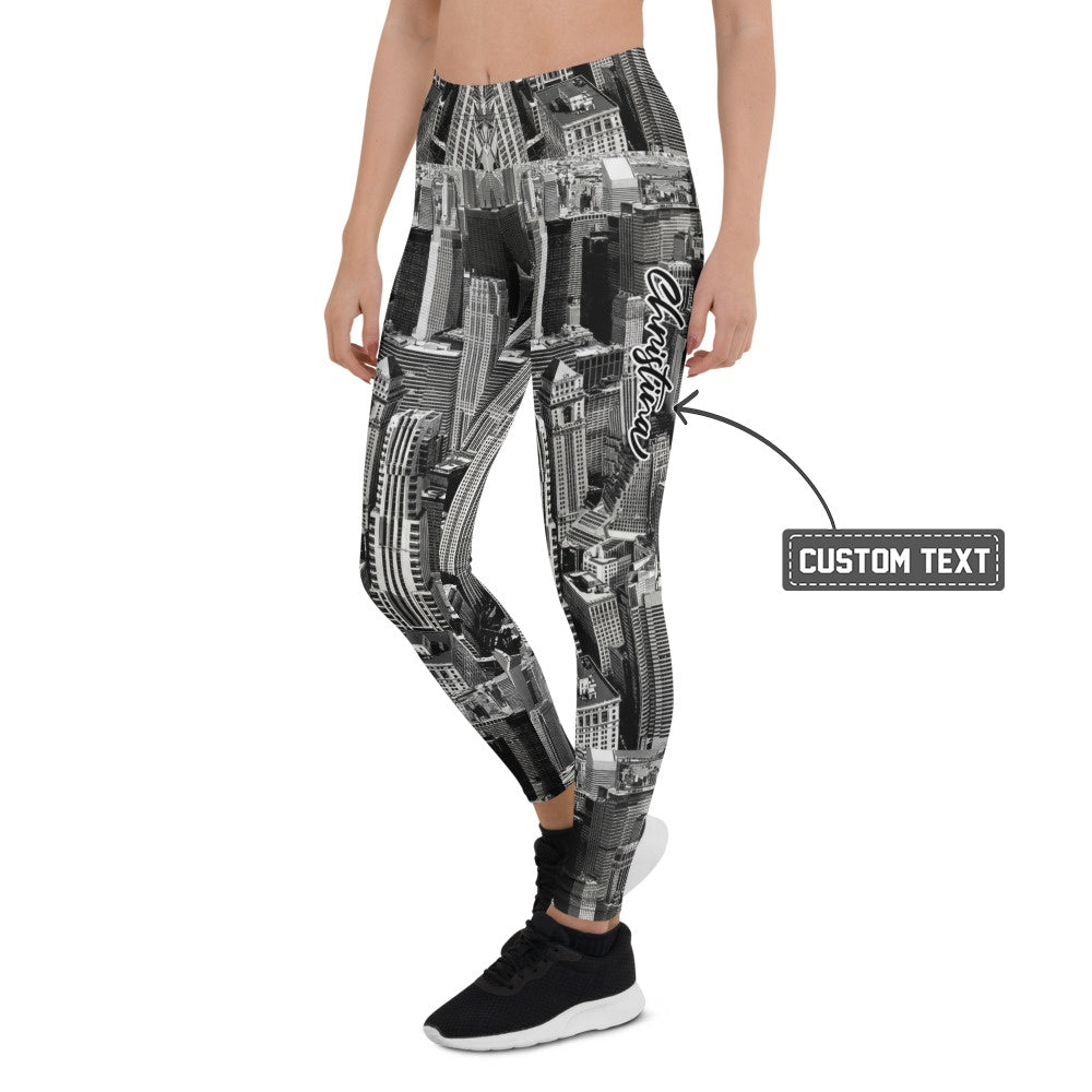 Personalisierte Sportleggings Damen Skyline Print Schwarz Weiß Fitnesshose Urban Architektur Design H480 - XL