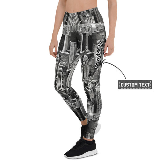 Personalisierte Sportleggings Damen Skyline Print Schwarz Weiß Fitnesshose Urban Architektur Design H480 - XL