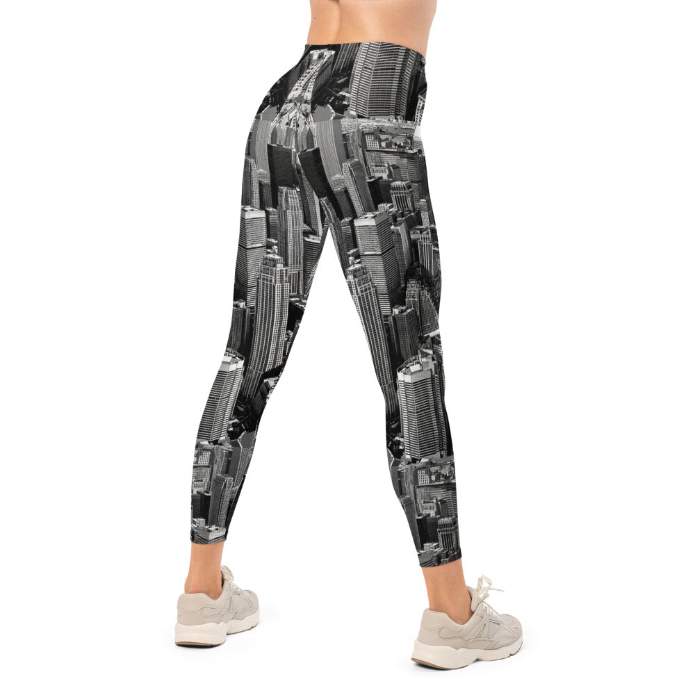Personalisierte Sportleggings Damen Skyline Print Schwarz Weiß Fitnesshose Urban Architektur Design H480
