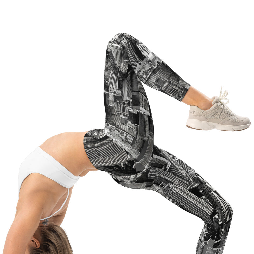 Personalisierte Sportleggings Damen Skyline Print Schwarz Weiß Fitnesshose Urban Architektur Design H480