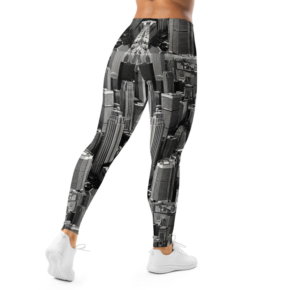 Personalisierte Sportleggings Damen Skyline Print Schwarz Weiß Fitnesshose Urban Architektur Design H480