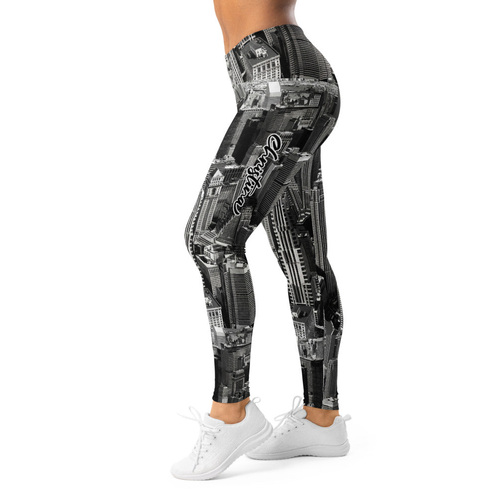 Personalisierte Sportleggings Damen Skyline Print Schwarz Weiß Fitnesshose Urban Architektur Design H480