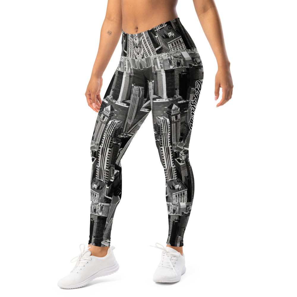 Personalisierte Sportleggings Damen Skyline Print Schwarz Weiß Fitnesshose Urban Architektur Design H480