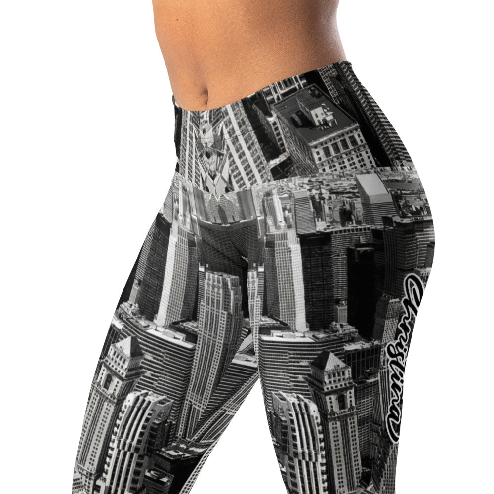 Personalisierte Sportleggings Damen Skyline Print Schwarz Weiß Fitnesshose Urban Architektur Design H480