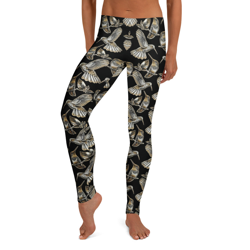 Personalisierte Sportleggings Damen Kolibri Muster Schwarz Gold Yoga Fitness Leggings L901