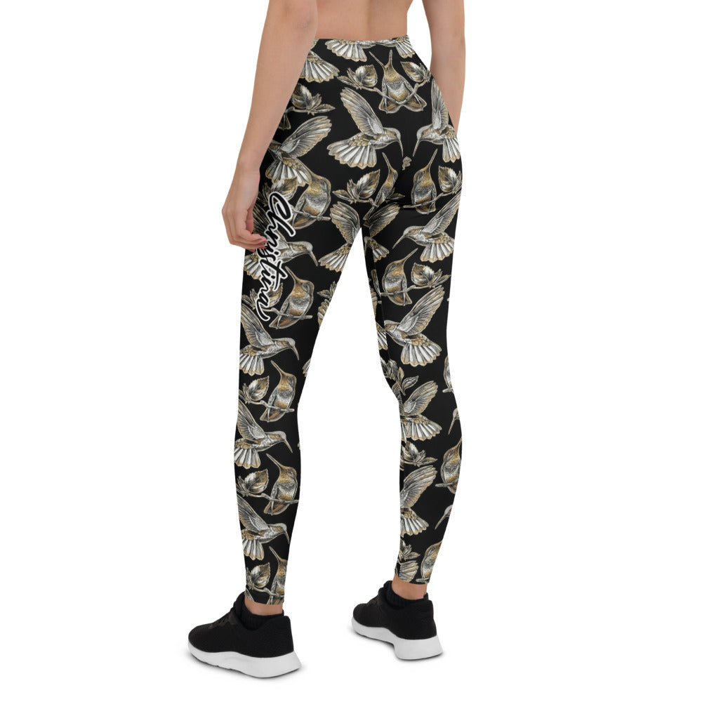 Personalisierte Sportleggings Damen Kolibri Muster Schwarz Gold Yoga Fitness Leggings L901
