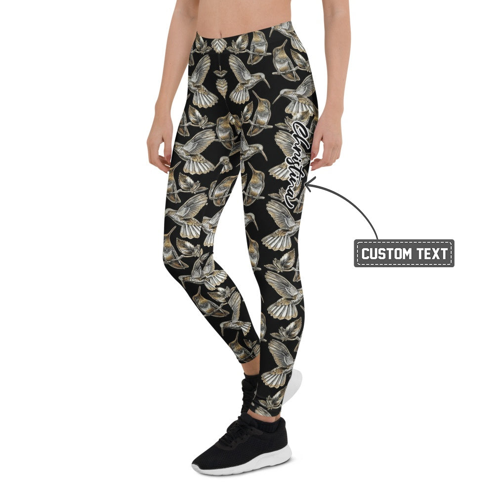 Personalisierte Sportleggings Damen Kolibri Muster Schwarz Gold Yoga Fitness Leggings L901 - XL
