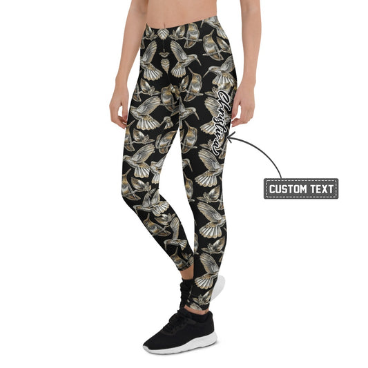 Personalisierte Sportleggings Damen Kolibri Muster Schwarz Gold Yoga Fitness Leggings L901 - XL