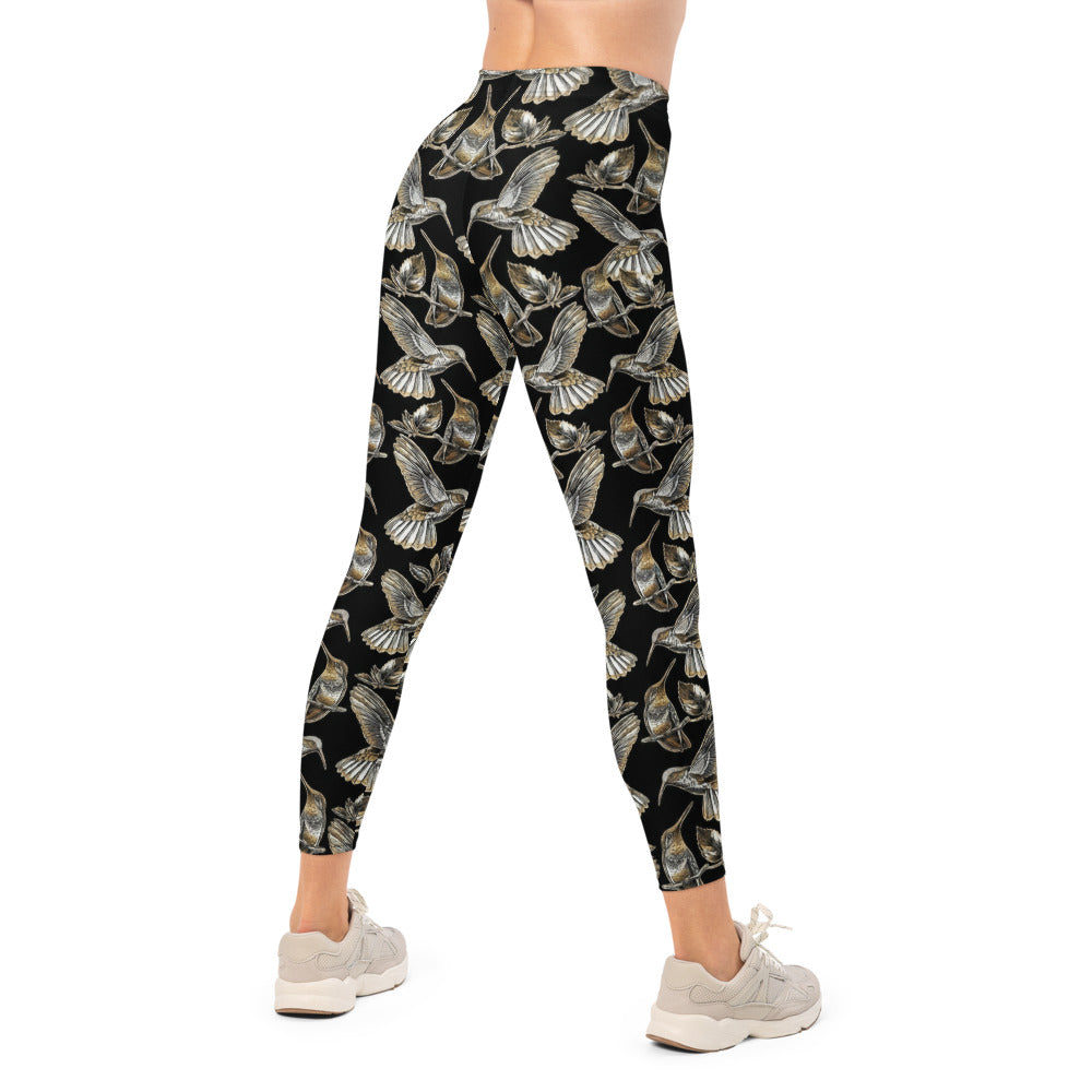 Personalisierte Sportleggings Damen Kolibri Muster Schwarz Gold Yoga Fitness Leggings L901