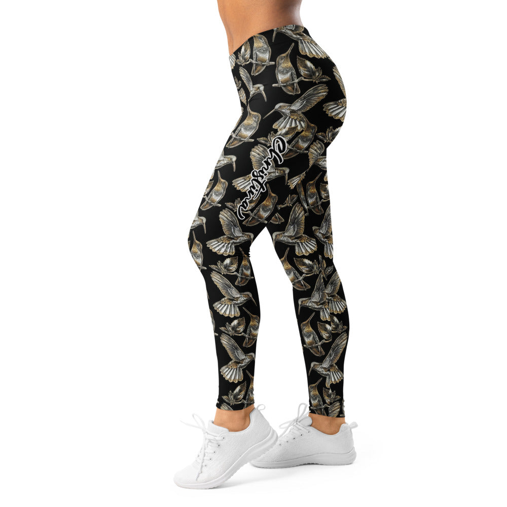 Personalisierte Sportleggings Damen Kolibri Muster Schwarz Gold Yoga Fitness Leggings L901