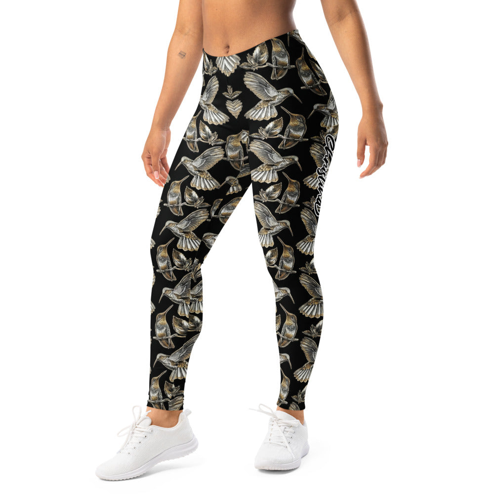 Personalisierte Sportleggings Damen Kolibri Muster Schwarz Gold Yoga Fitness Leggings L901