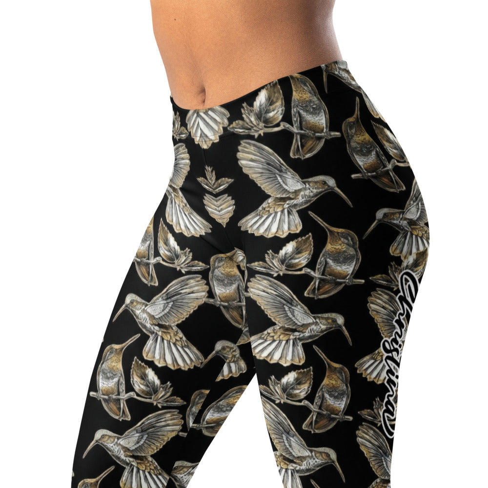 Personalisierte Sportleggings Damen Kolibri Muster Schwarz Gold Yoga Fitness Leggings L901
