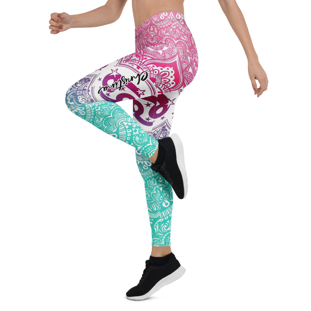 Personalisierte Yoga Leggings Damen Mandala Muster Farbverlauf Pink Türkis Fitness Sportleggings J458