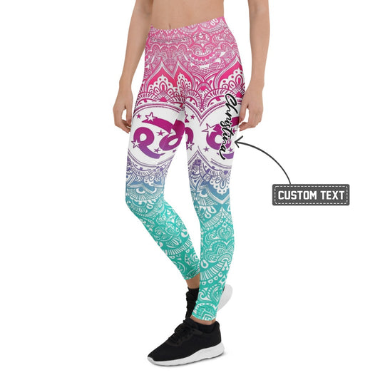 Personalisierte Yoga Leggings Damen Mandala Muster Farbverlauf Pink Türkis Fitness Sportleggings J458 - XL