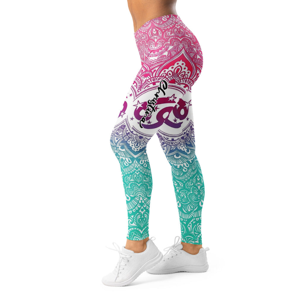 Personalisierte Yoga Leggings Damen Mandala Muster Farbverlauf Pink Türkis Fitness Sportleggings J458