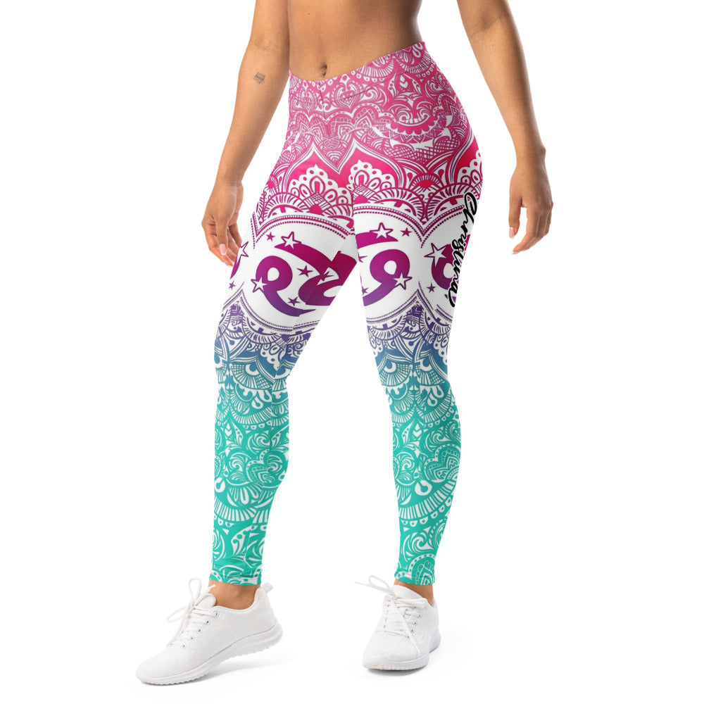 Personalisierte Yoga Leggings Damen Mandala Muster Farbverlauf Pink Türkis Fitness Sportleggings J458